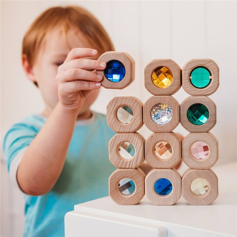 Montessori-Holz-Bausteine mit Edelstein Look