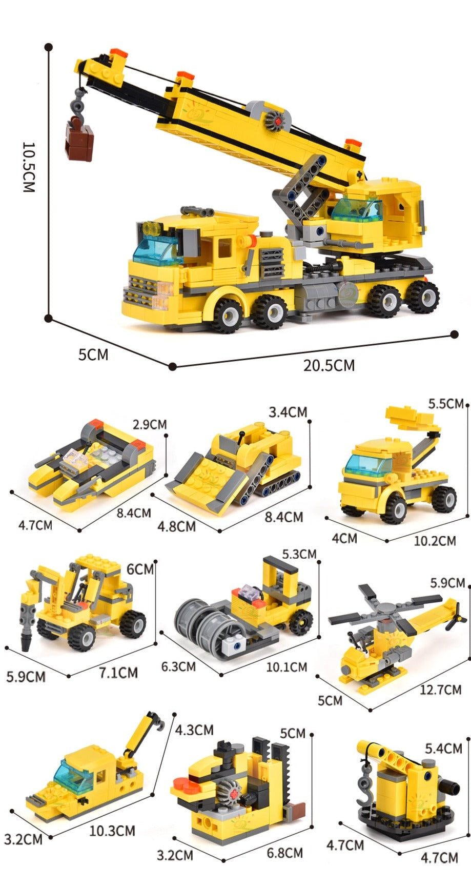 Riesiges Set Konstruktionsspielzeug „Baustelle“ für Kinder: Klemmbausteine mit LKW-Kran, Bulldozer, Hubschrauber, Walze & mehr!