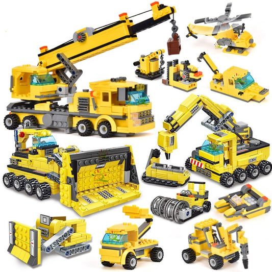 Riesiges Set Konstruktionsspielzeug „Baustelle“ für Kinder: Klemmbausteine mit LKW-Kran, Bulldozer, Hubschrauber, Walze & mehr!